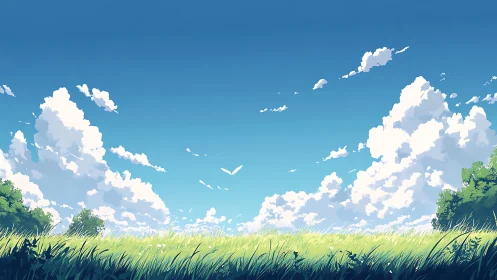 Expansive summer meadow under high cumulus clouds.