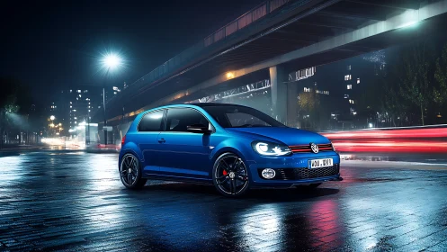 Blue hatchback rendered in hyperreal night-time urban lighting