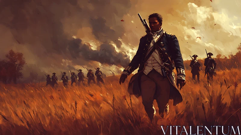 Resolute revolutionary officer leading troops through fire.