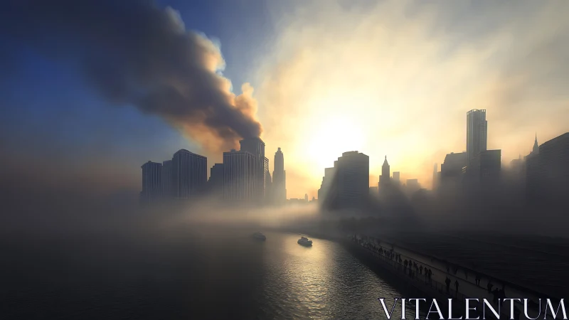 Urban waterfront skyline under dense smoke and sunrise glow.