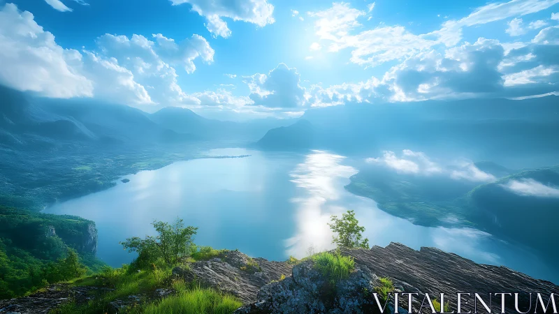 Mountain lake vista under bright sun and scattered clouds.