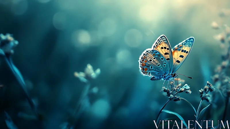 Iridescent butterfly poised in cool bokeh meadow light.