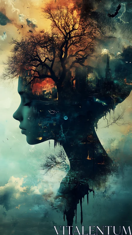 Silhouette profile merges with cityscape and burning tree