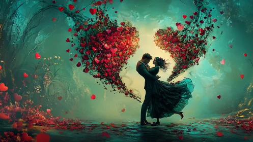 Couple dancing among floating red hearts in ethereal turquoise realm.
