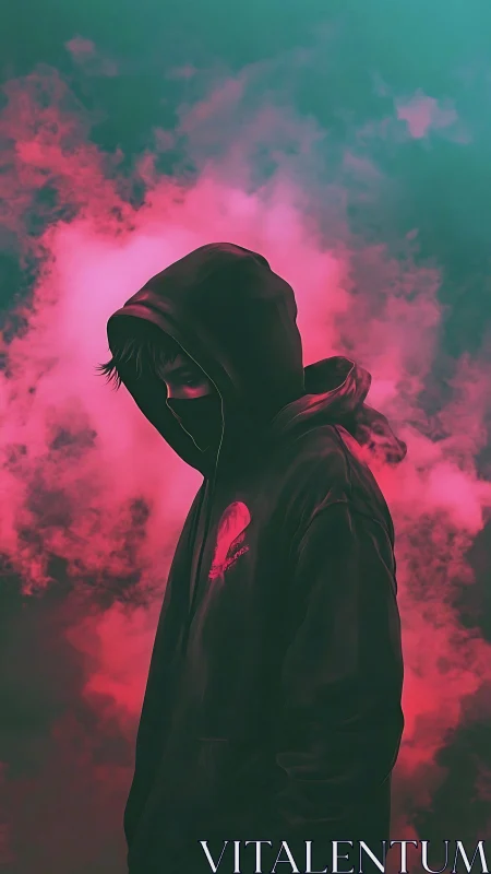 Hooded figure in neon magenta smoke with teal horizon glow.