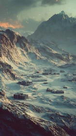Remote futuristic base scattered across icy mountain valley.