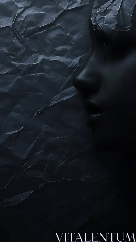 Monochrome sculptural profile in crumpled shadow relief.