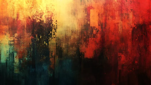 Abstract textured painting with warm red, orange, and gold hues.