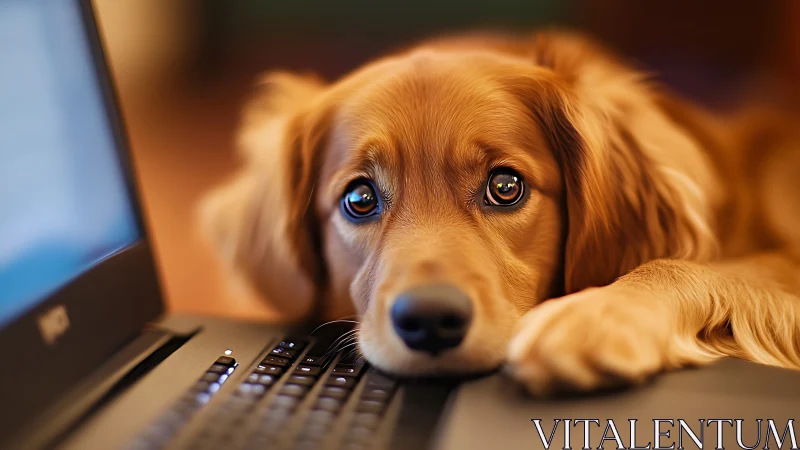 Gentle golden pup waiting patiently beside a quiet laptop.