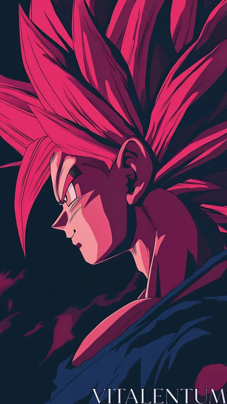 Crimson-haired warrior locked in side-lit cosmic resolve.