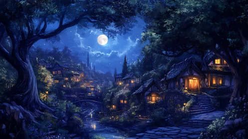 Moonlit village landscape is depicted under dense forest canopy