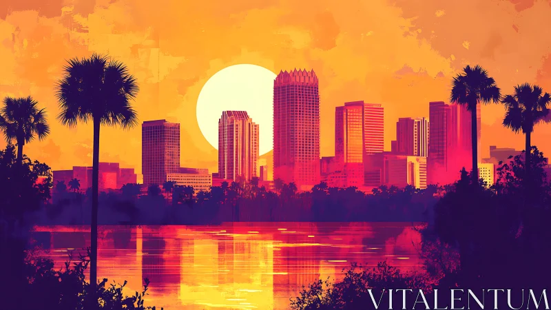 Urban skyline with palm trees at sunset over water reflection.