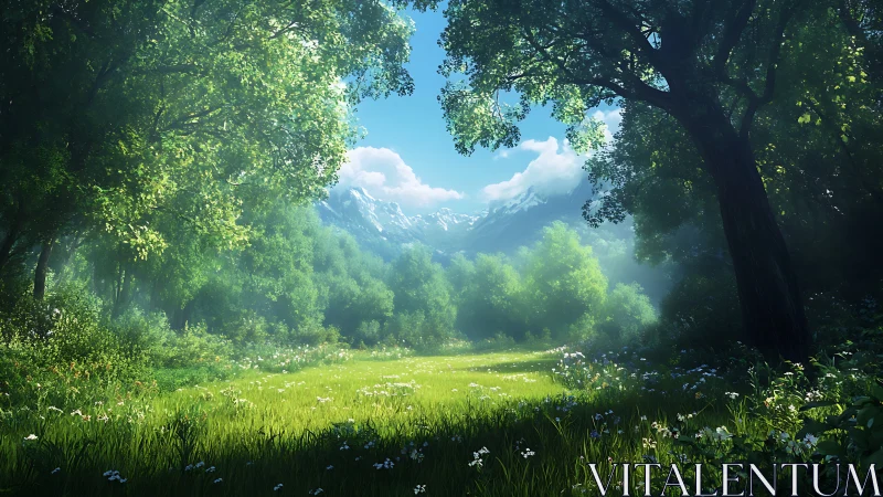 Mountain Valley Rendered in Luminous Greens and Alpine Vistas.