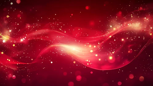 Glowing Red Abstract Wave with Sparkling Particles Digital Art.