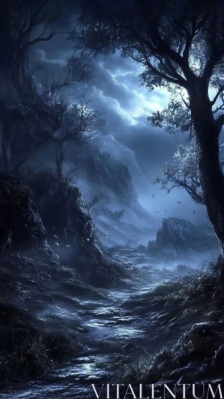 Moonlit ravine path rendered in high-contrast digital fantasy