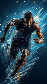 Sprinter explodes through neon energy streaks in motion.