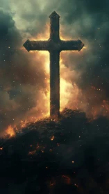 Burning cross rises from dark embers through storm clouds