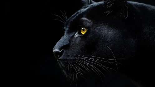 Black panther emerges from darkness with piercing golden gaze.
