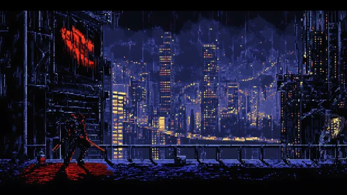 Cyberpunk rooftop swordsman over neon drenched city skyline.