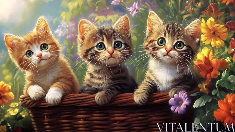 Three Adorable Kittens Nestled Together in a Flower Garden