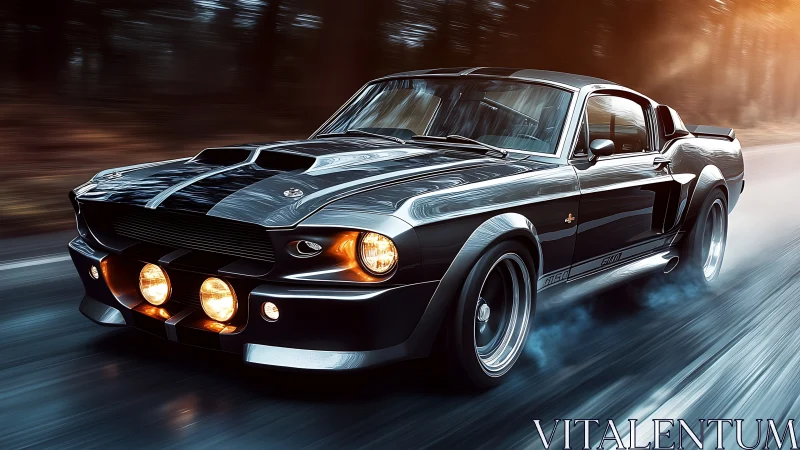 Classic muscle car powers through motion-blurred forest highway.