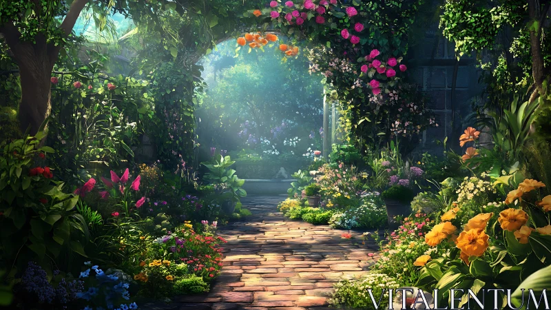 Stone garden path passes under dense flowering archway