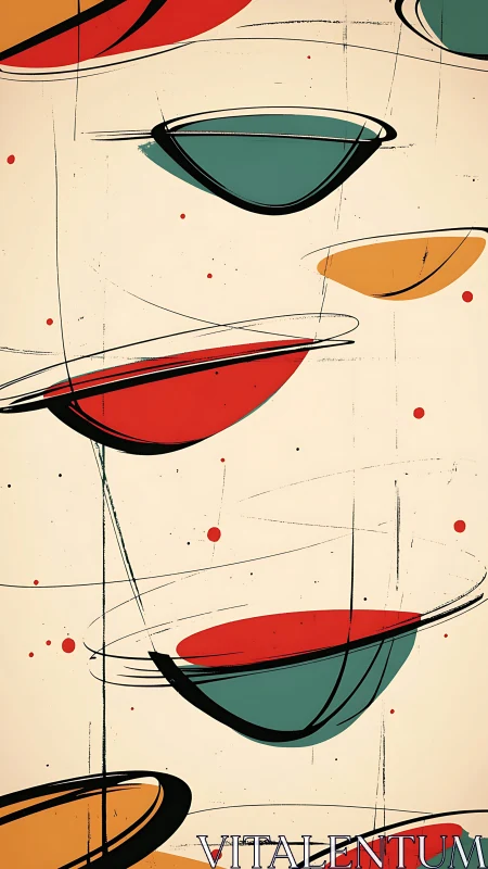 Dynamic midcentury abstract bowls orbit on textured cream field