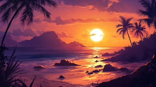 Tropical shoreline sunset with glowing sun and palm silhouettes.
