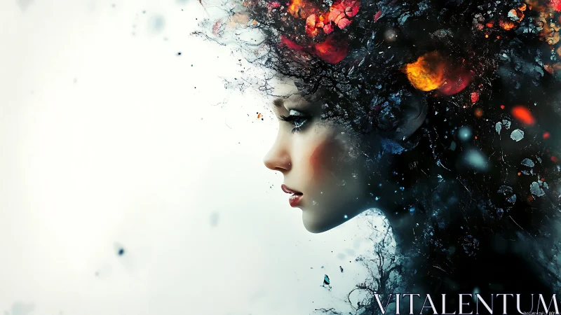 Side profile portrait with abstract fiery hair elements.