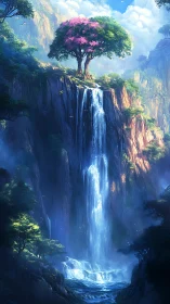 Solitary tree above vertical cliffside waterfall cascade.