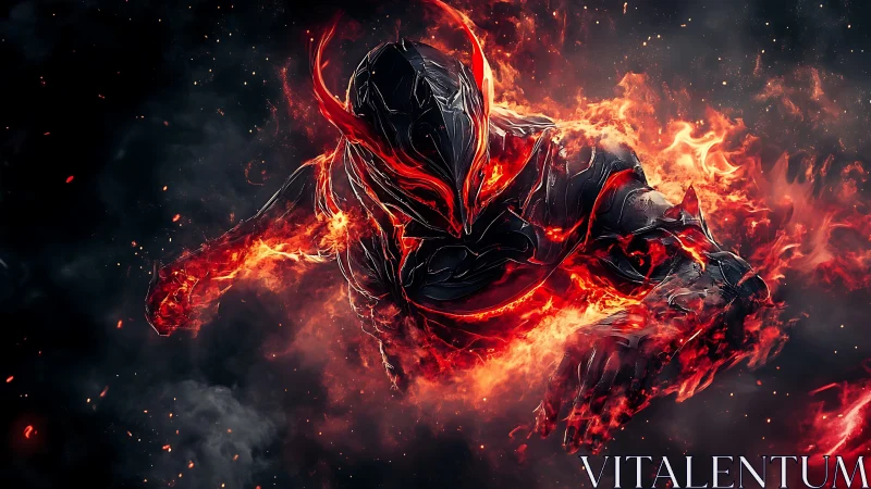 Infernal armored warrior emerging from swirling firestorm.