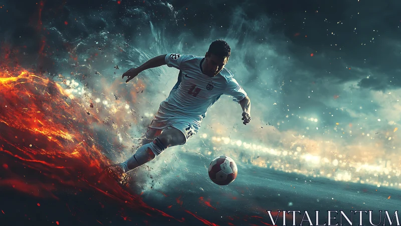 Soccer player drives ball through fiery stormlit stadium field