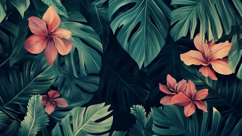 Tropical leaves and coral flowers in dense jungle pattern.