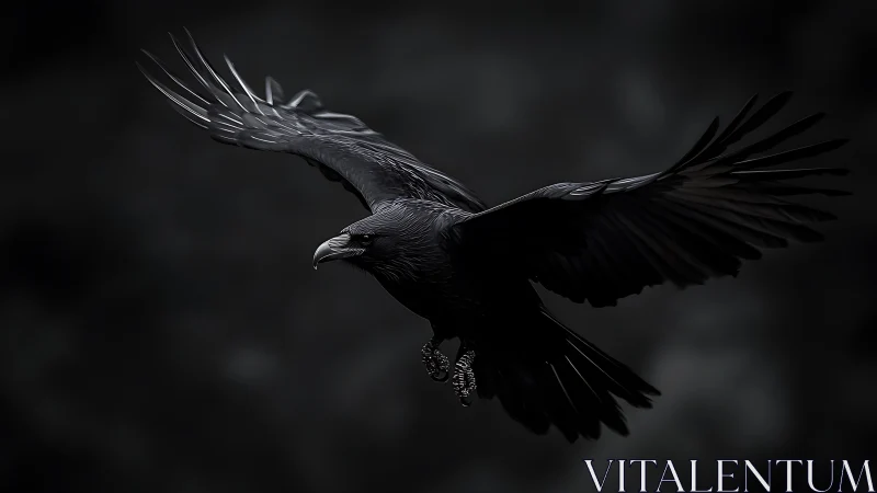 Raven spreads midnight wings over deep shadowed void.