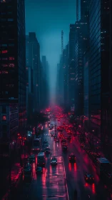 High-rise corridor frames wet arterial street at dusk
