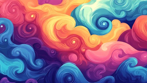 Swirling rainbow clouds drifting through a painted dreamscape.