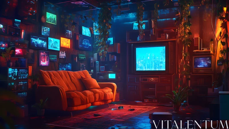 Retro gaming lounge glows within neon-lit cyberpunk den