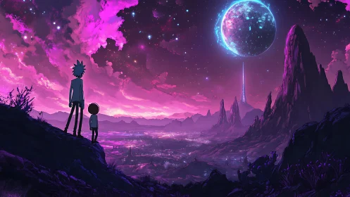 Stargazers overlooking neon alien valley and luminous moon.