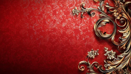 Ornate gold floral scrollwork on patterned red background.