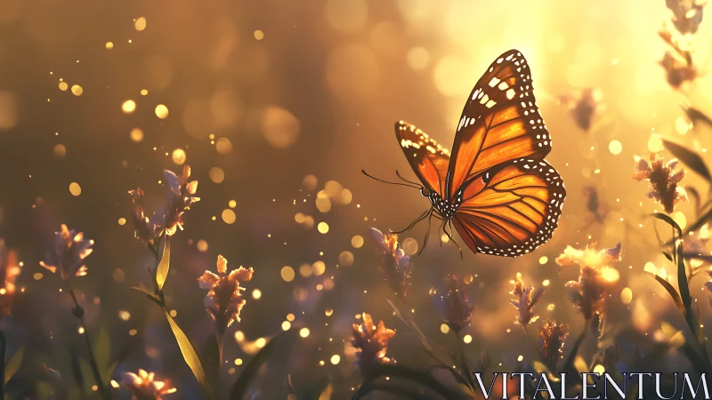 Sunlit monarch drifts through glittering meadow dusk
