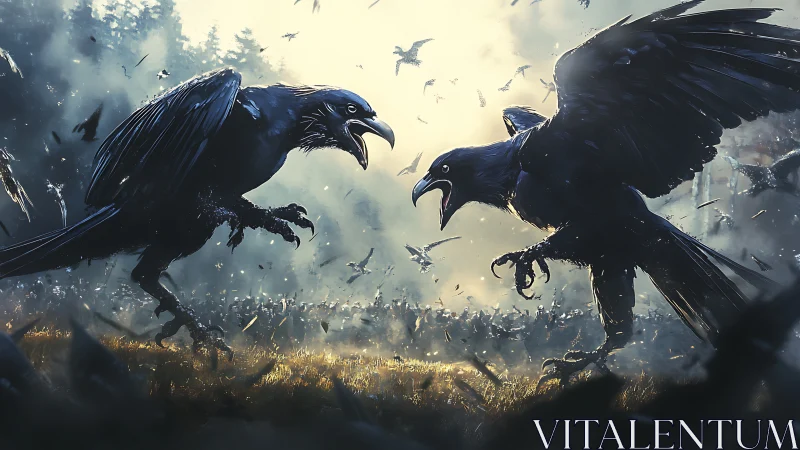 Two giant ravens locked in aggressive forest standoff.