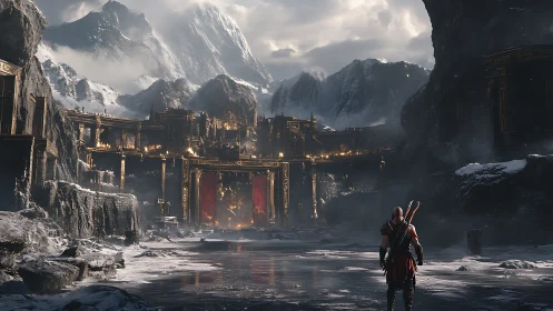 Warrior confronts vast golden fortress in frozen mountain pass.