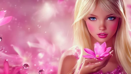 Soft pink muse holds a radiant flower in dreamy light