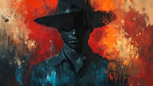 Shadowed cowboy emerges amid fiery abstract turmoil