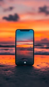 Sunset portal phone frames molten shoreline horizons perfectly.