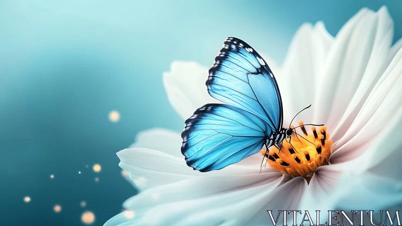 Macro study of blue butterfly morphology on white blossom.