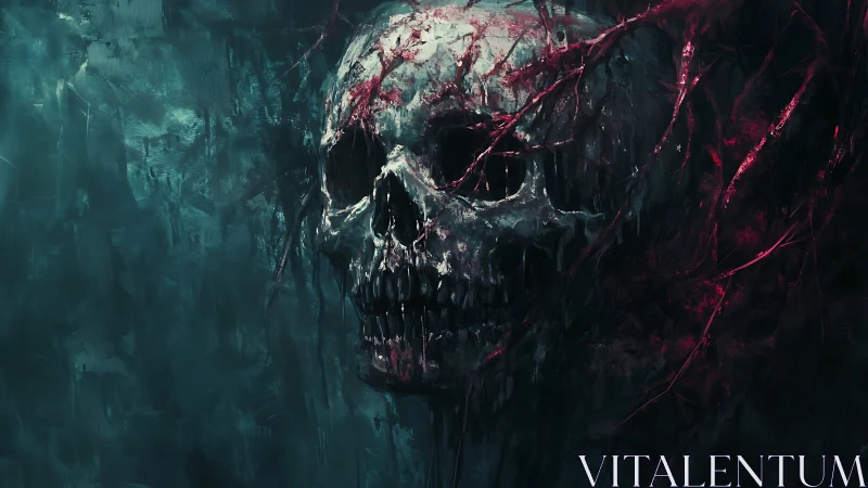 Eroded skull emerges from shadowed void with crimson veined tendrils