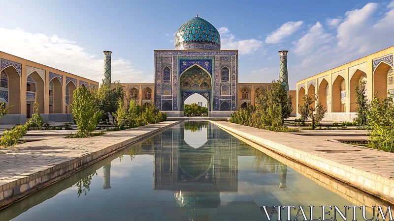 Islamic mosque courtyard with reflecting pool and tilework