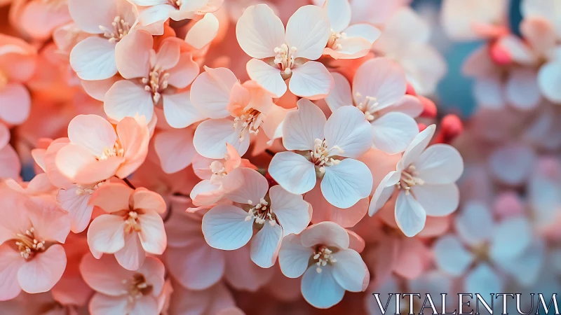 Delicate coral and white flower petals create luminous bokeh composition.