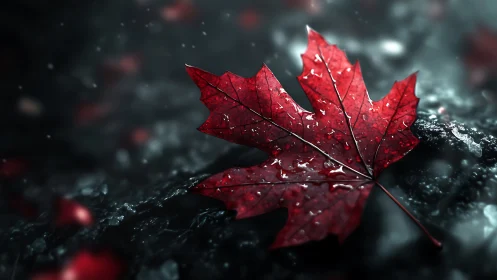 Single scarlet maple leaf lingers like a quiet ember in rain